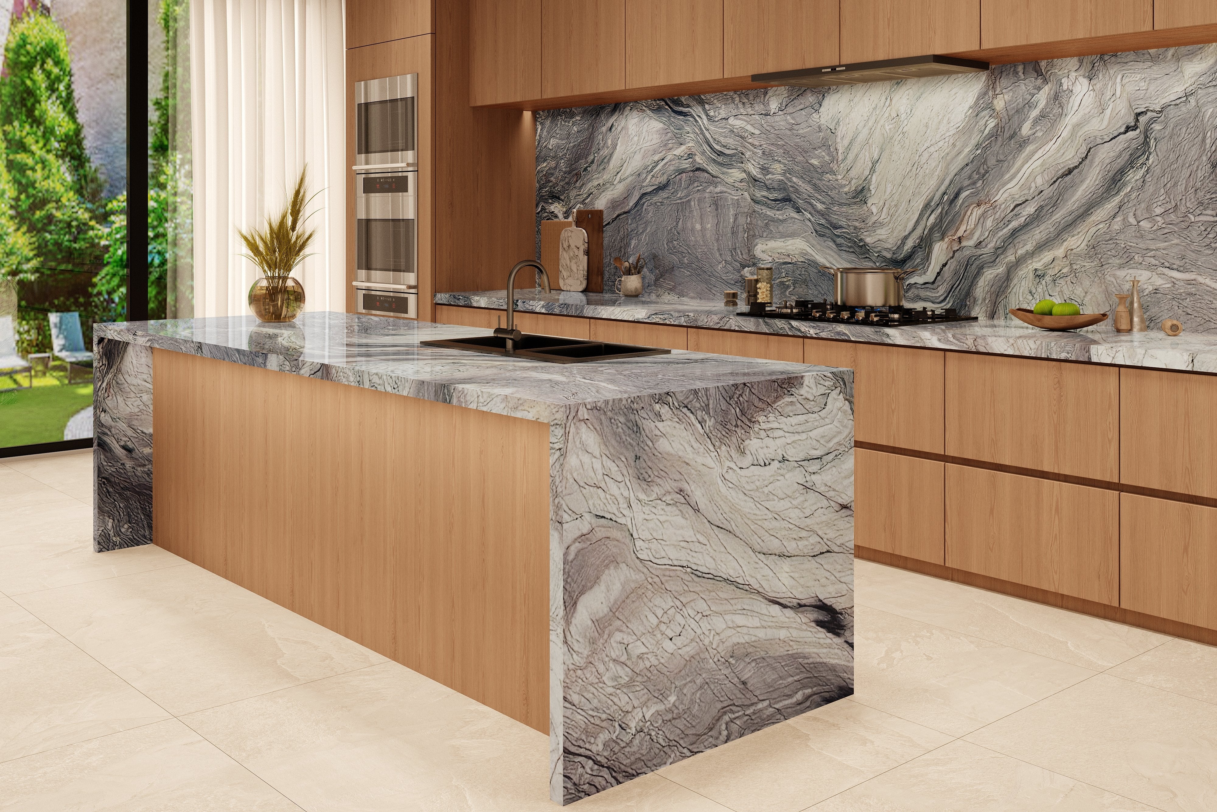 Cuisine avec dosseret et îlot en céramique imitation marbre et plancher grand format, par Surface Expert à Drummondville